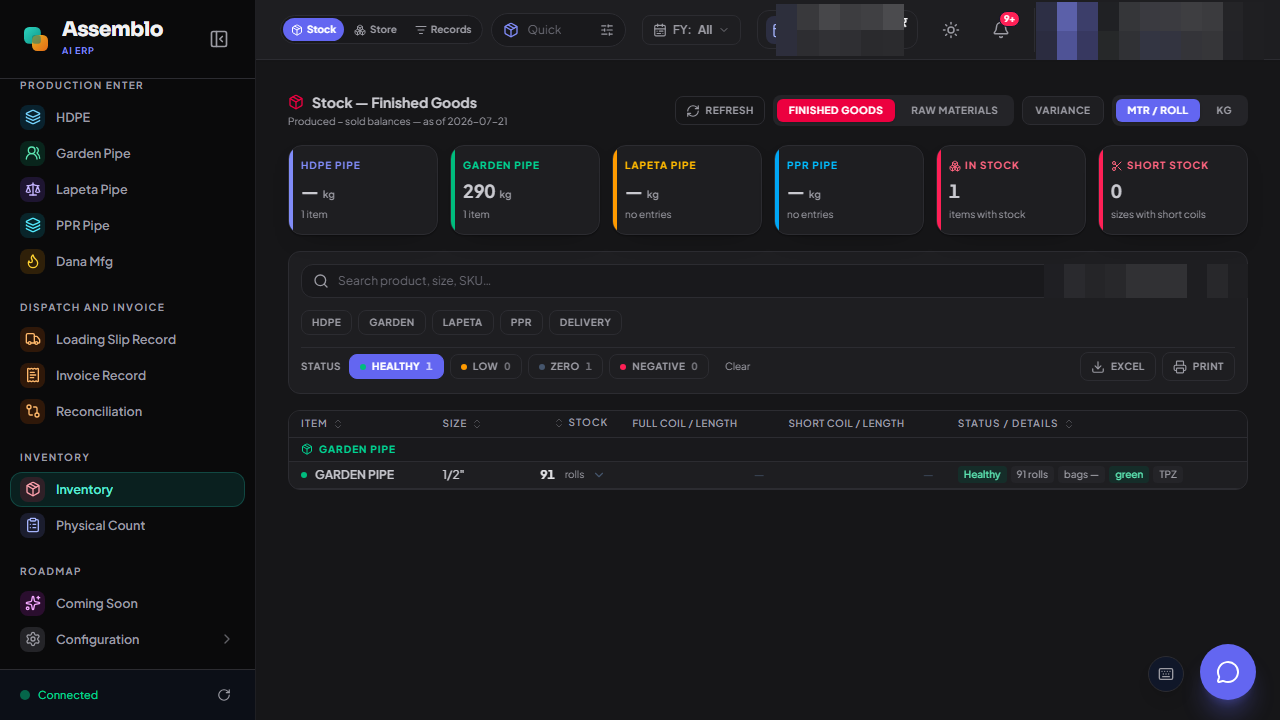 Assemblo ERP — inventory and stock dashboard