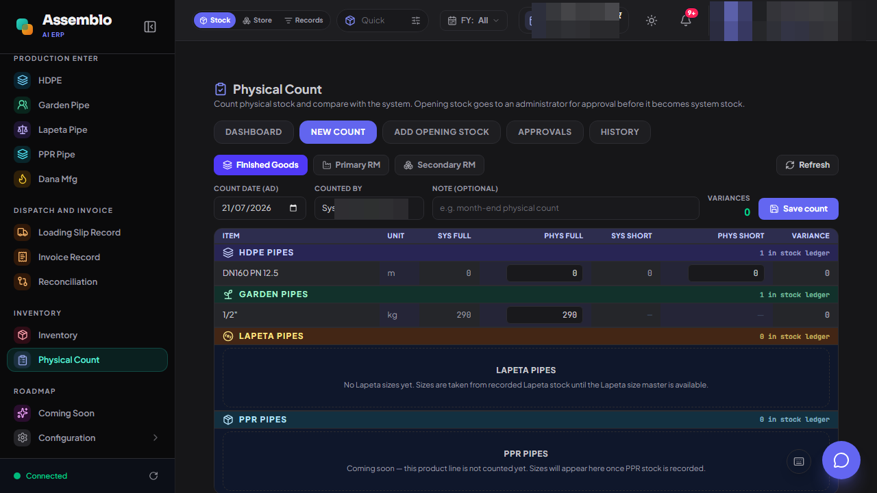 Custom production ERP — physical count dashboard