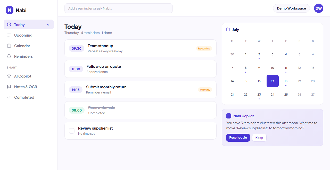 Nabi — reminders, calendar and AI copilot app